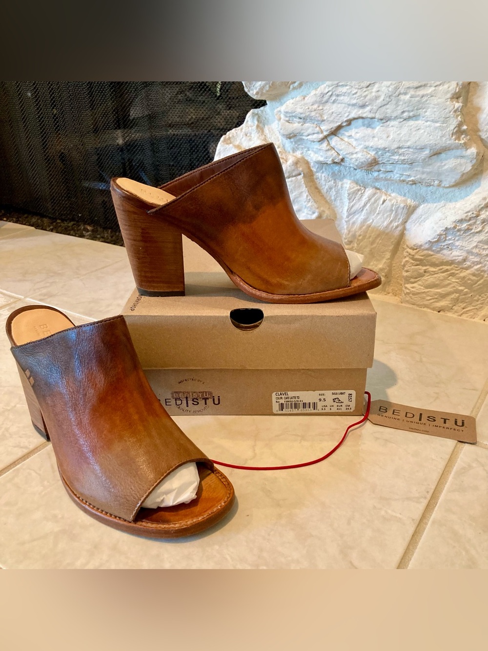 NWT and box Bed/Stu  leather Clavel cafe latte colored heeled peep toe mules